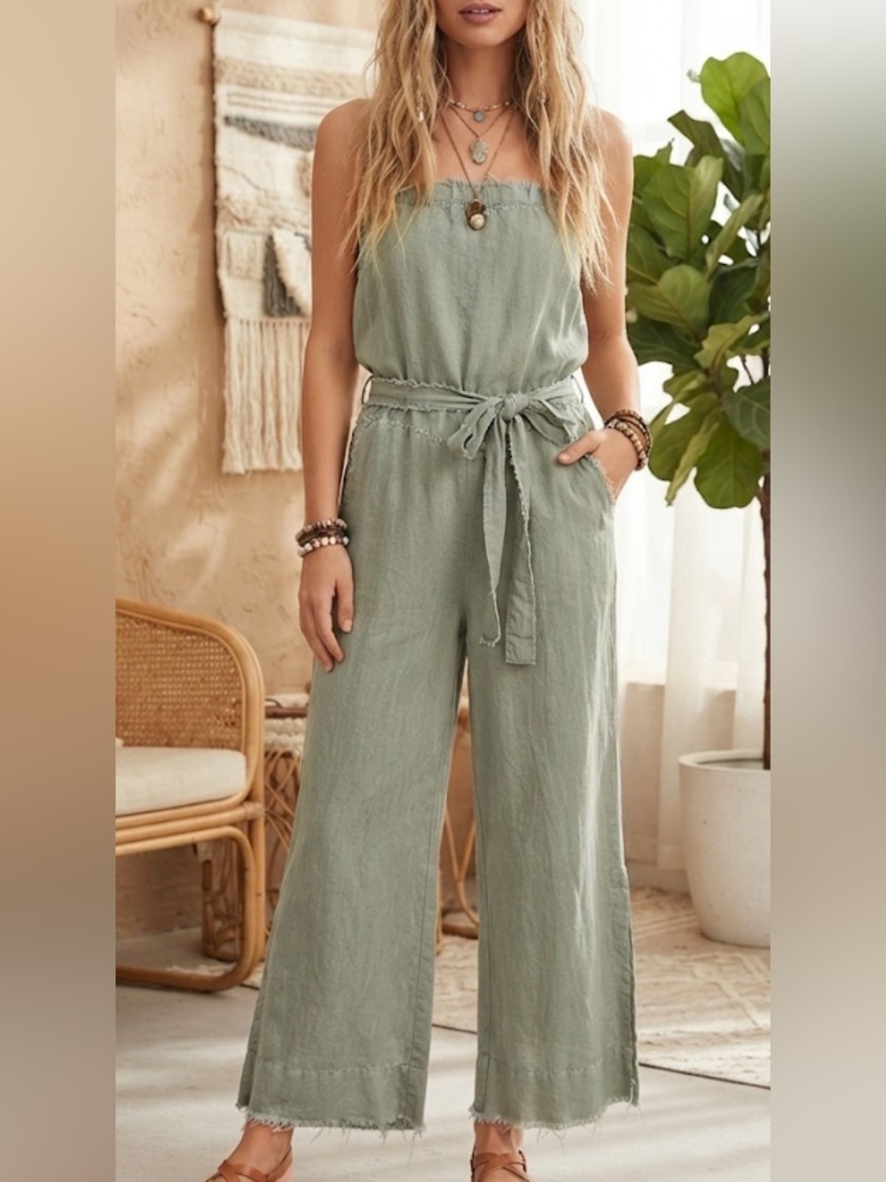 cloth & stone Sage Strapless Wide-Leg Jumpsuit with Tie Waist